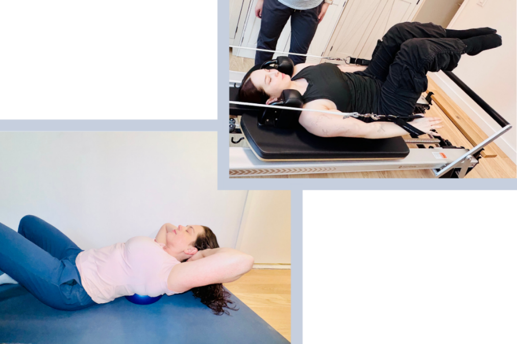 Pilates practitioner doing a side plank with their instructors guidance